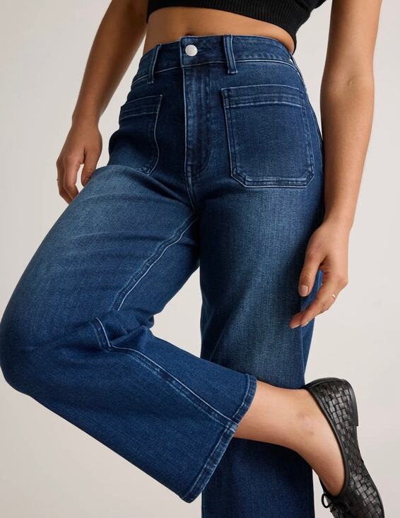 Quince Denim - Quince Bella Stretch Patch Pocket High Rise Cropped Wide Leg Jean Midnight 30x28
